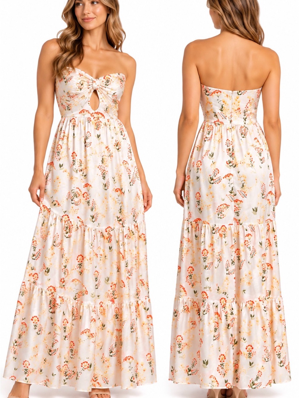 Petal + Pup NWT Floral Satin Strapless Maxi Dress Ivory Orange Size L
